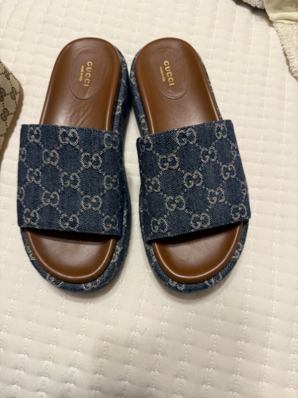 Gucci Denim GG Cross-Band Slide Sandals in Blue and Brown - Picture 3 of 3